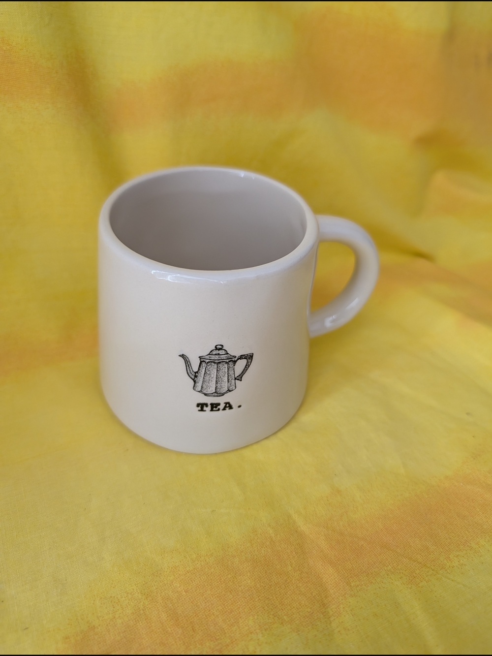Rae Dunn Cream Ceramic Tea Mug with Teapot Graphic
